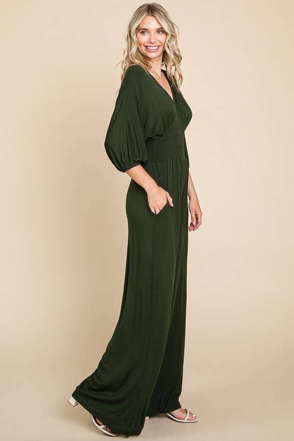 CAR1779Q-Smocking Waist Wide Jumpsuit