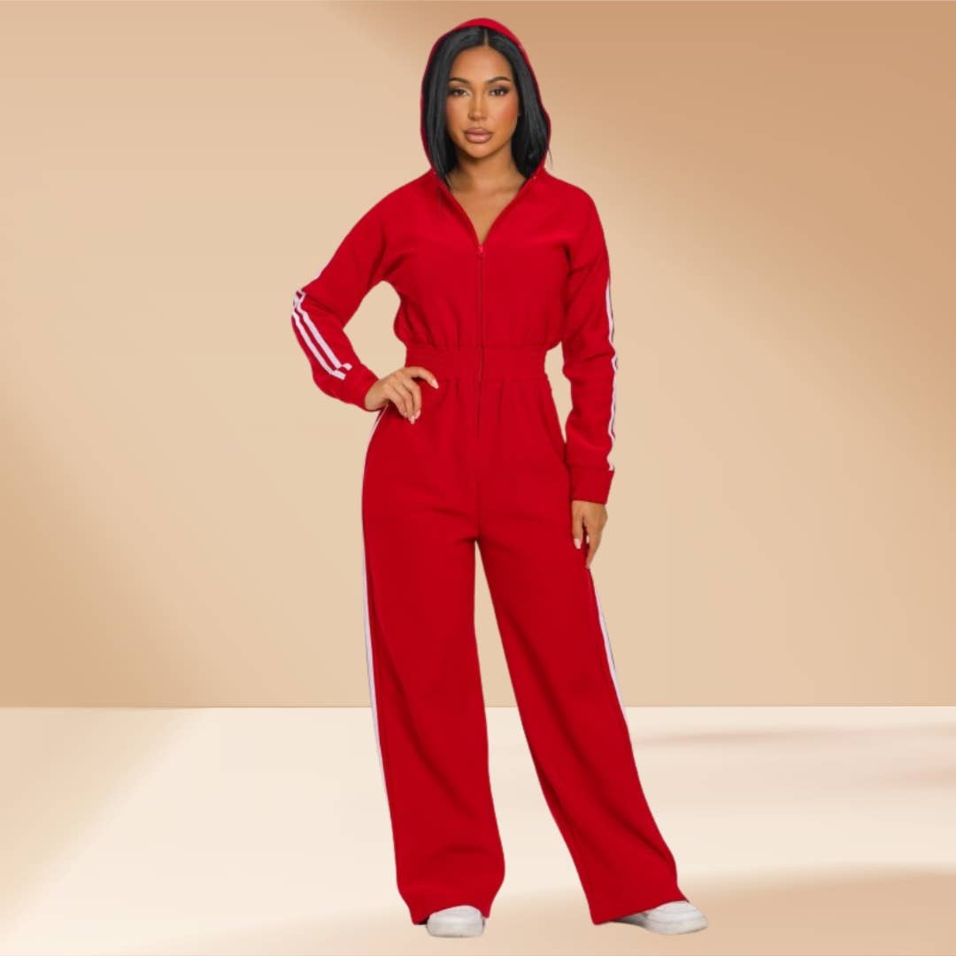 Jumpsuit Hooded Lined Fleece Side Stripes
