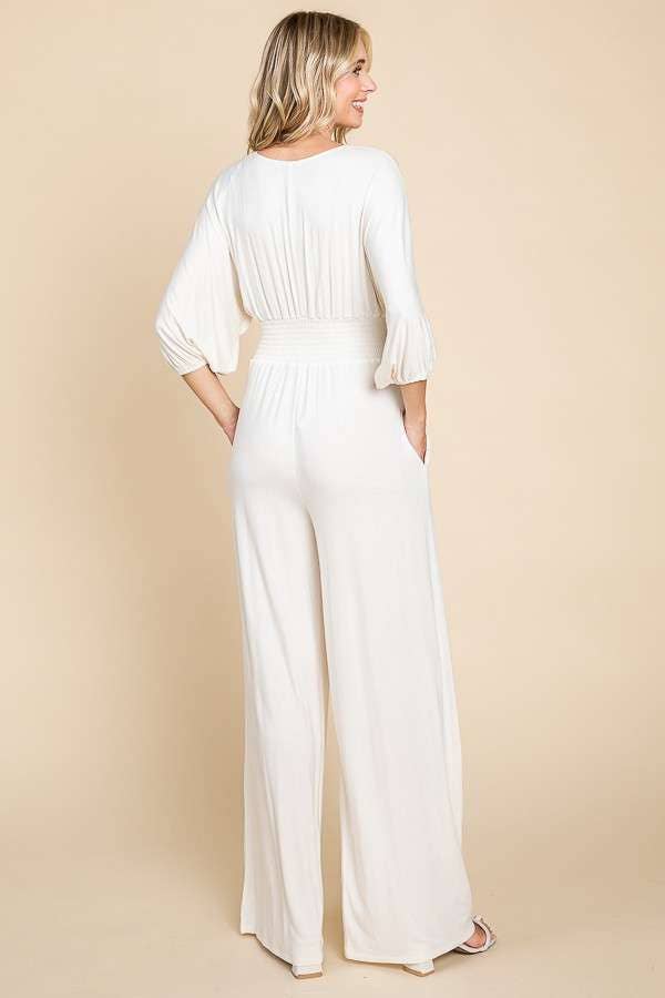 CAR1779Q-Smocking Waist Wide Jumpsuit
