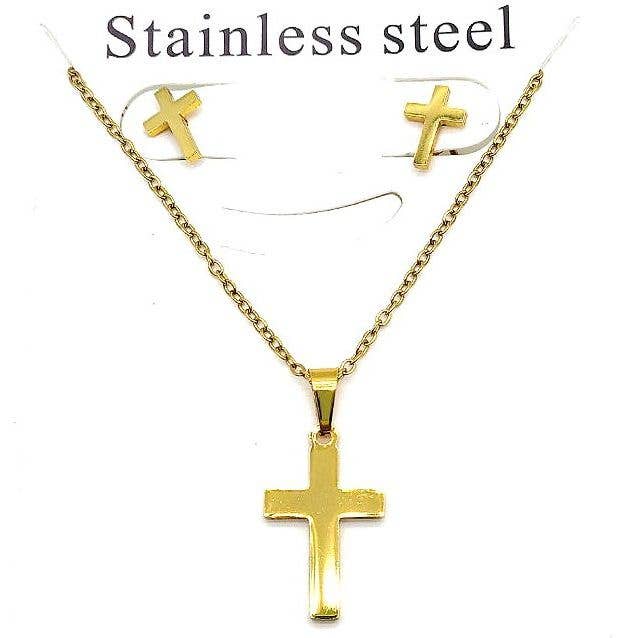Cross Gold  Stainless Steel Pendant Set