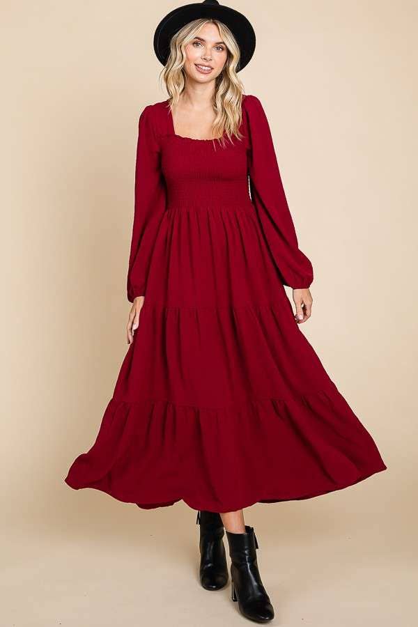 CWD1869L-Square Neck Smock Long Dress: S / MEDIUM ROSE