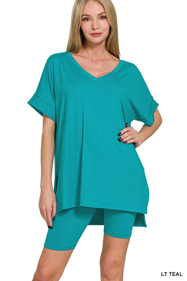 Brushed Dty Microfiber V-neck Top & Biker Shorts