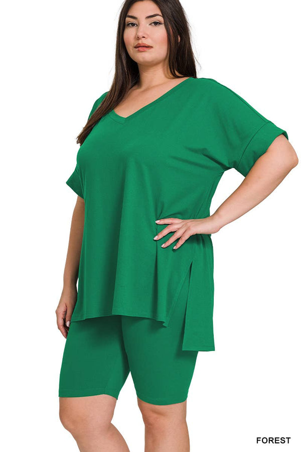 PLUS SIZE V-NCEK HI-LOW HEM TOP & BIKER SHORTS SET