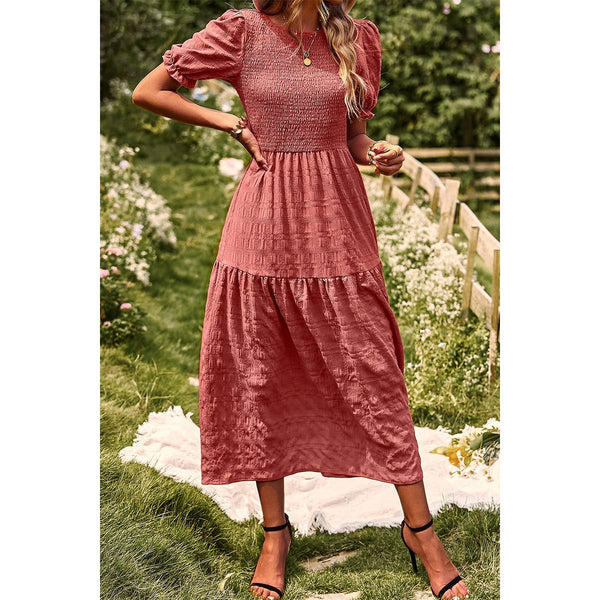 Pleated Tiered Solid Short Puff Sleeve A Line Dress