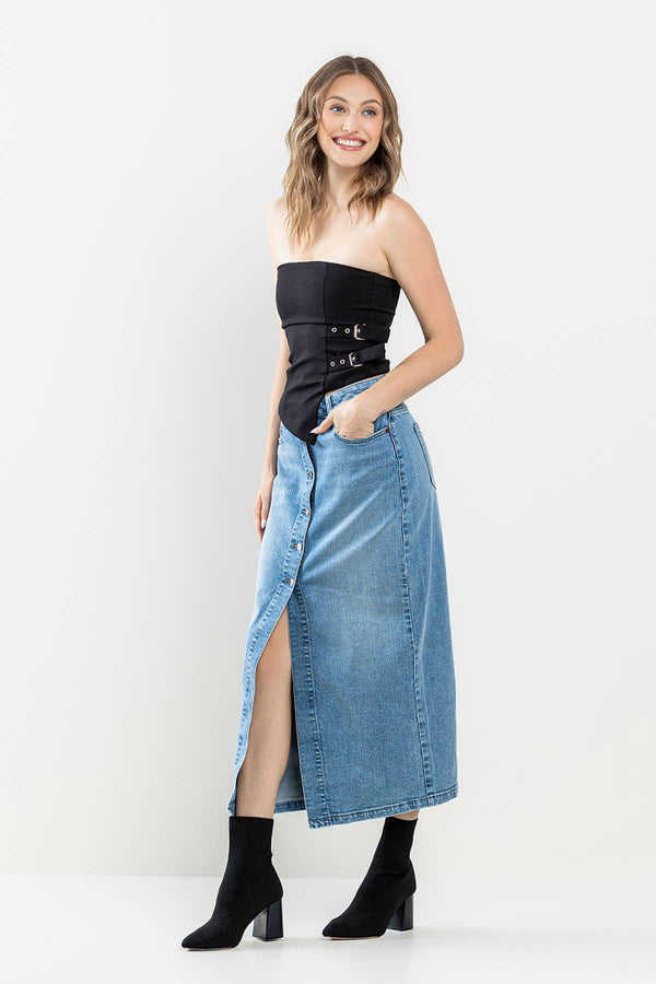 COMFORT STRETCH BUTTON DOWN MAXI SKIRT
