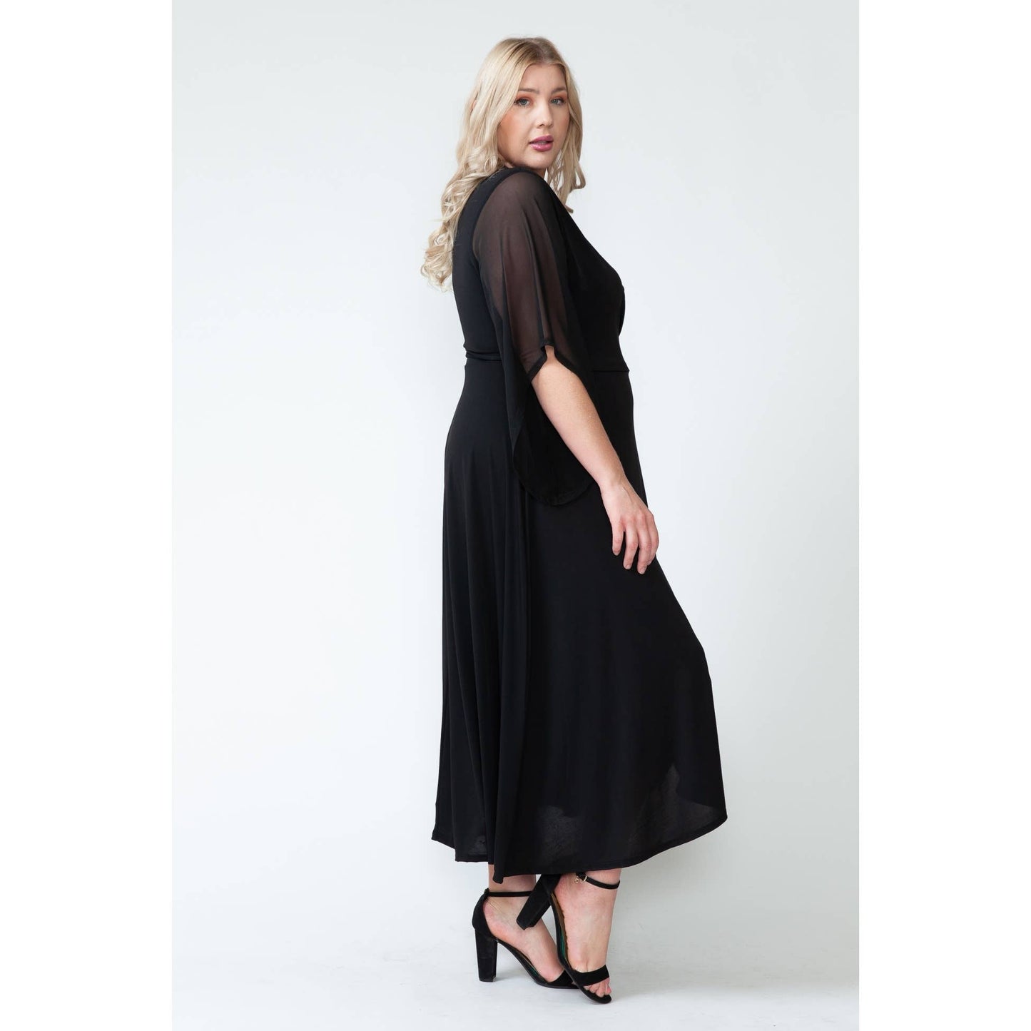 Plus Size Over Lap Mesh Maxi Dress: 1X / BLACK