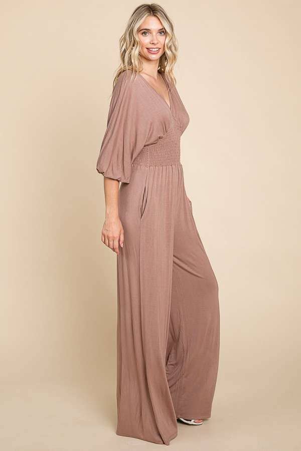 CAR1779Q-Smocking Waist Wide Jumpsuit