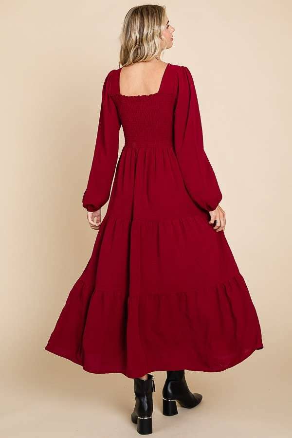 CWD1869L-Square Neck Smock Long Dress: S / MEDIUM ROSE