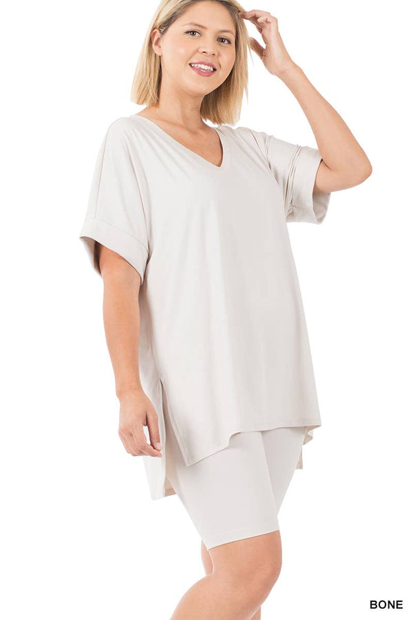 PLUS SIZE V-NCEK HI-LOW HEM TOP & BIKER SHORTS SET