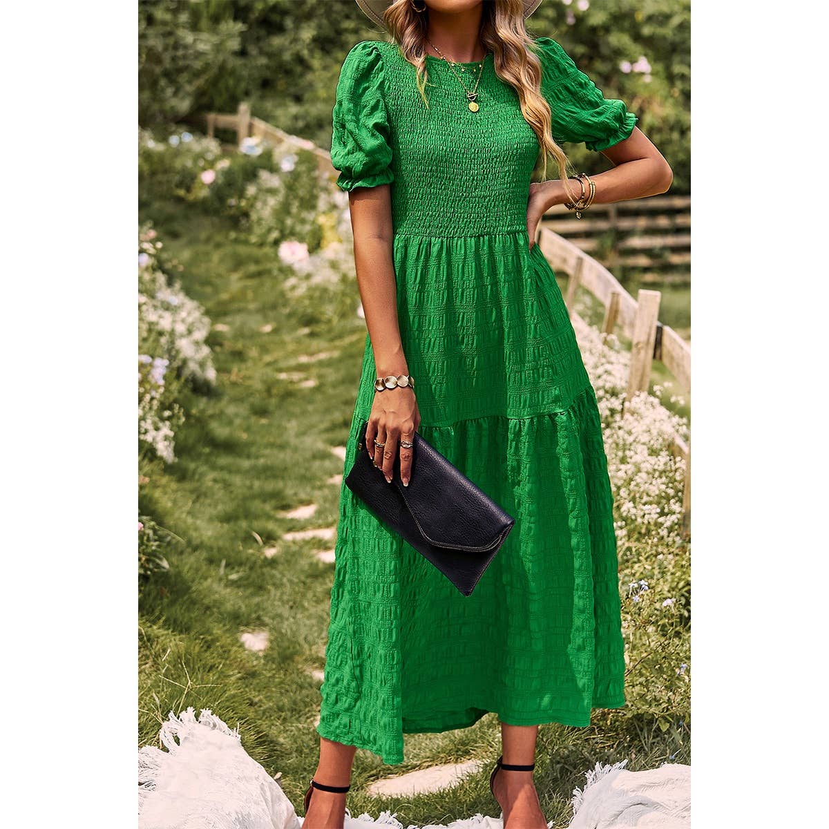 Pleated Tiered Solid Short Puff Sleeve A Line Dress