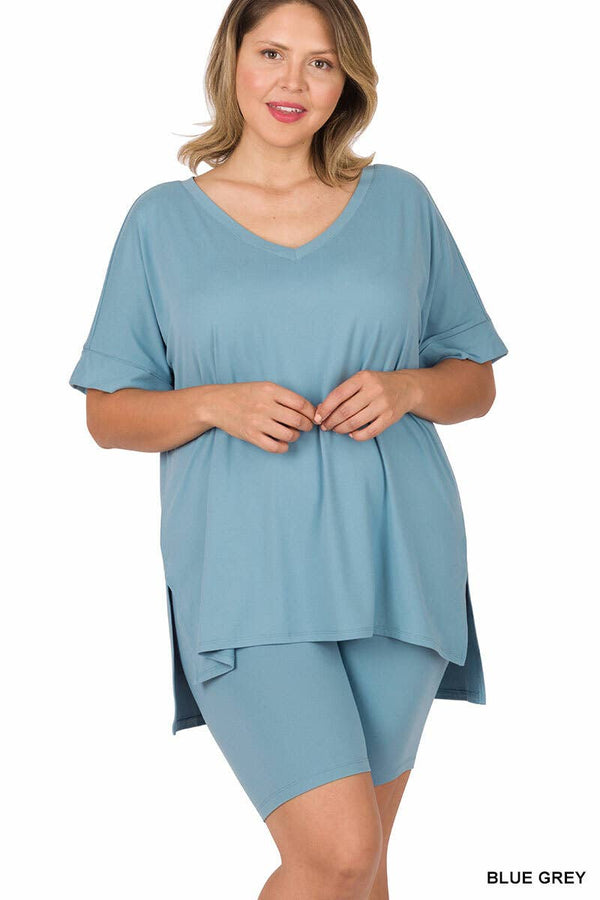 PLUS SIZE V-NCEK HI-LOW HEM TOP & BIKER SHORTS SET