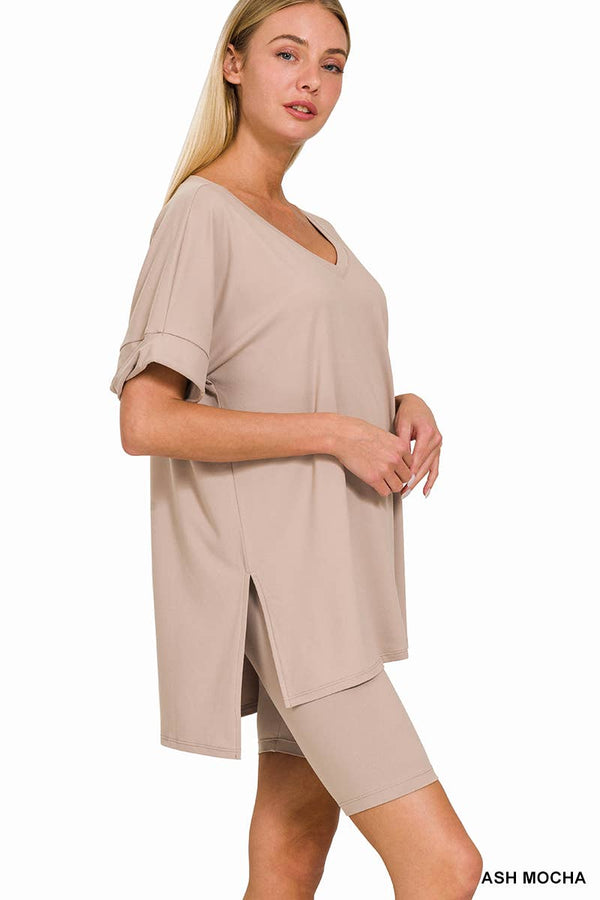 Brushed Dty Microfiber V-neck Top & Biker Shorts
