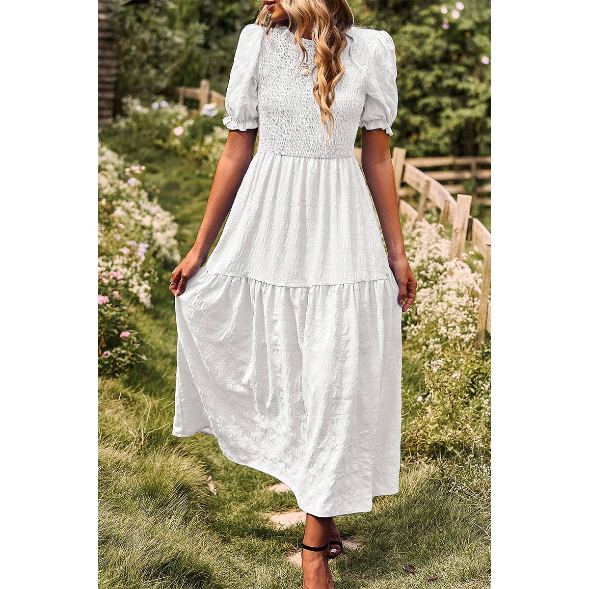 Pleated Tiered Solid Short Puff Sleeve A Line Dress