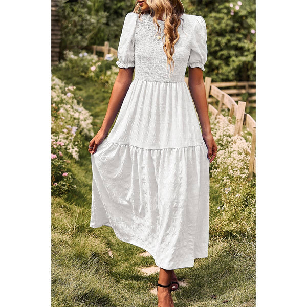 Pleated Tiered Solid Short Puff Sleeve A Line Dress