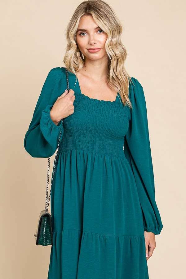 CWD1869L-Square Neck Smock Long Dress: L / BLACK