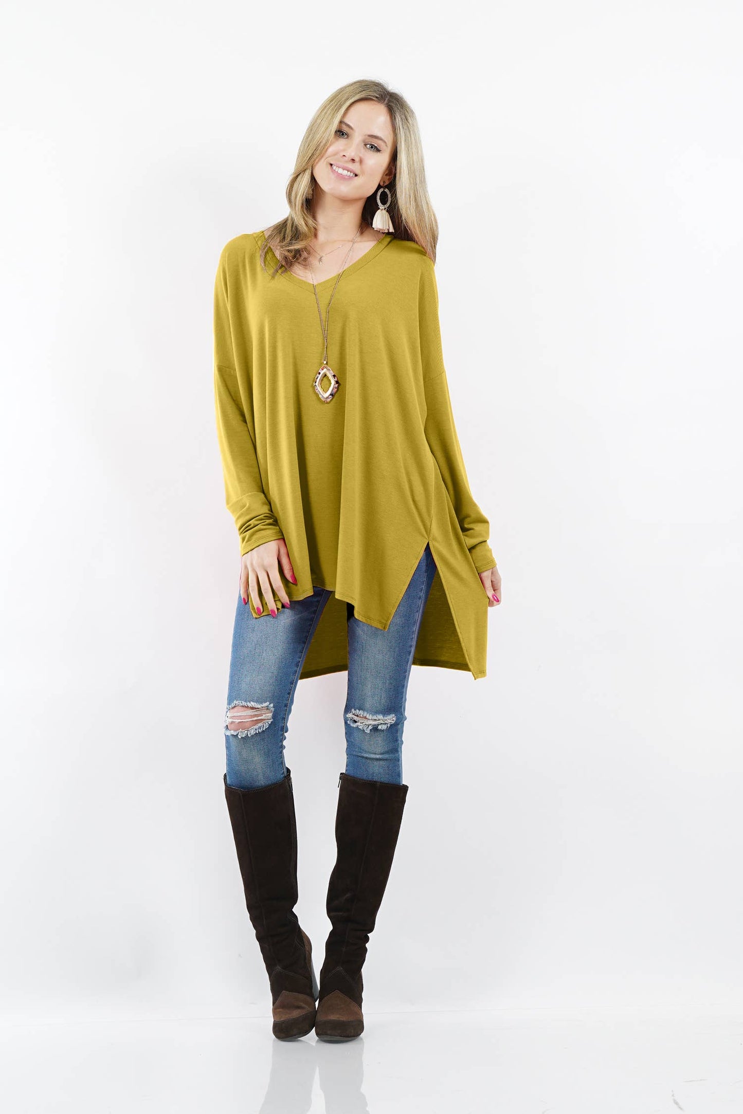 DOLMAN LONG SLEEVE V-NECK SIDE SLIT HI-LOW HEM TOP