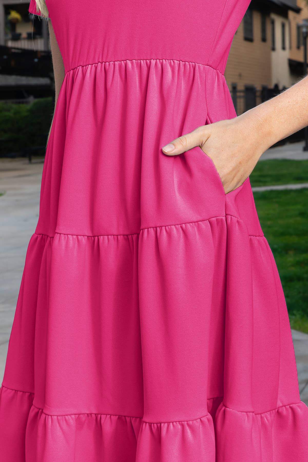 YMD10130V-SHORT SLEEVE SOLID TIERED DRESS