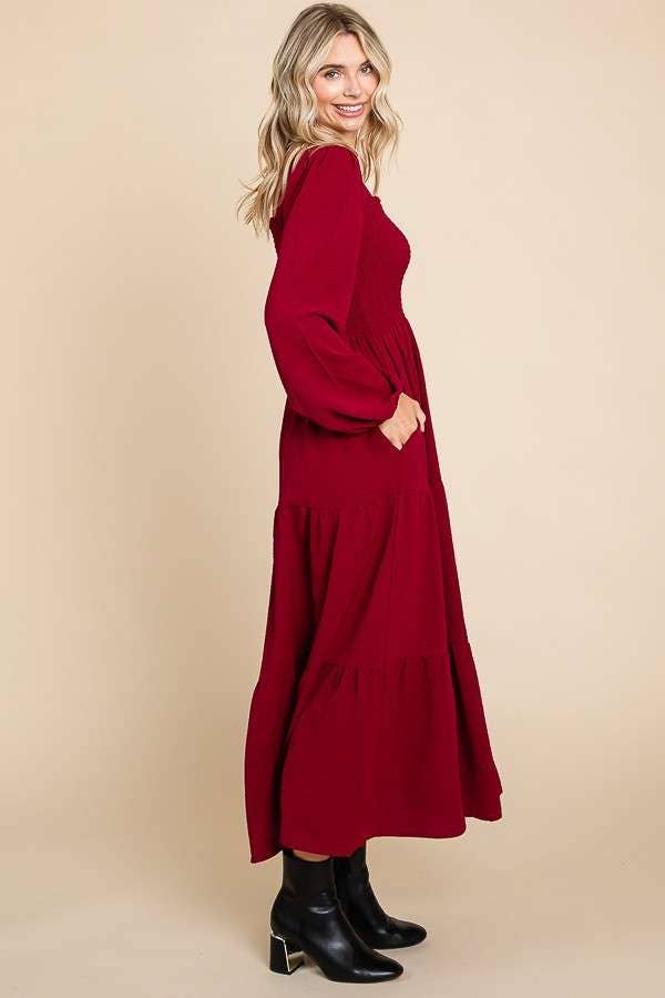 CWD1869L-Square Neck Smock Long Dress: S / MEDIUM ROSE
