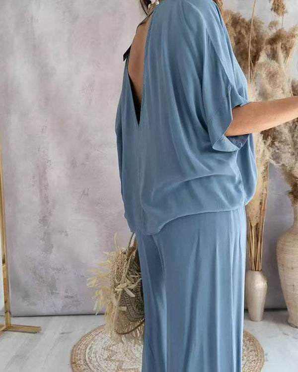 V-Neck Bat-Sleeve Casual Top Wide-Leg Pants Set