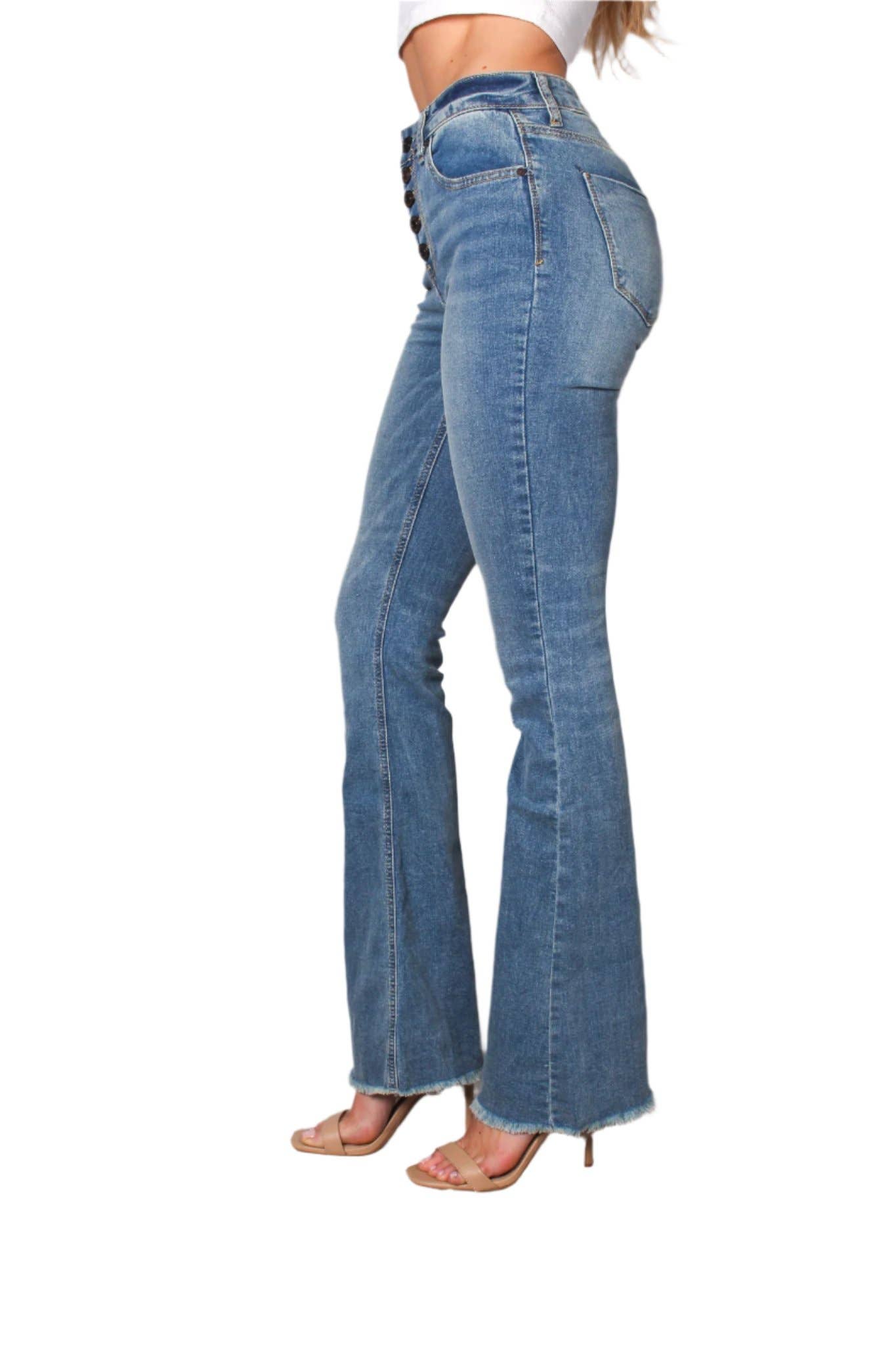 Women's High Waist Five Buttons Raw Hem Flare Jeans