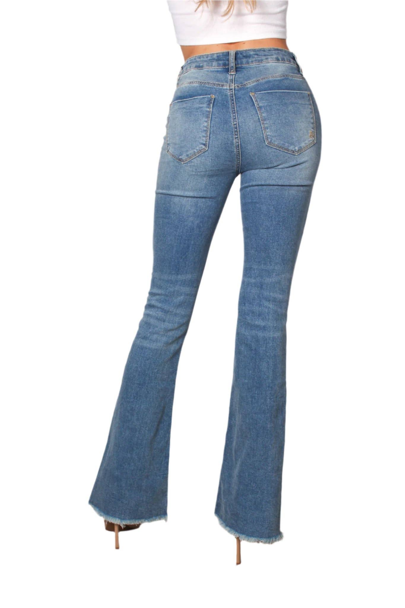 Women's High Waist Five Buttons Raw Hem Flare Jeans