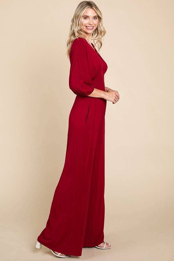 CAR1779Q-Smocking Waist Wide Jumpsuit