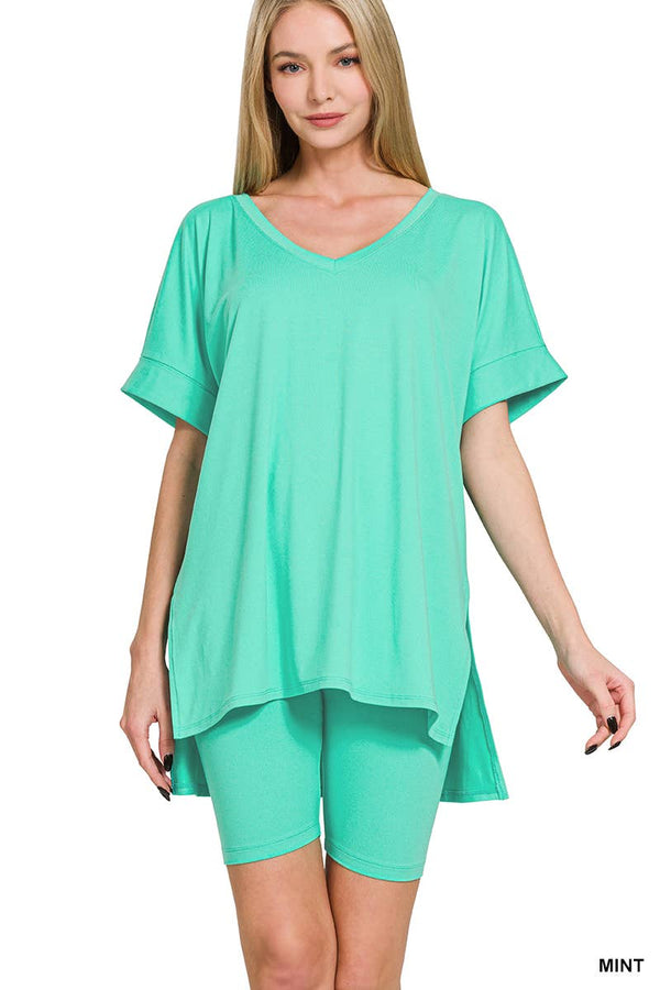 Brushed Dty Microfiber V-neck Top & Biker Shorts