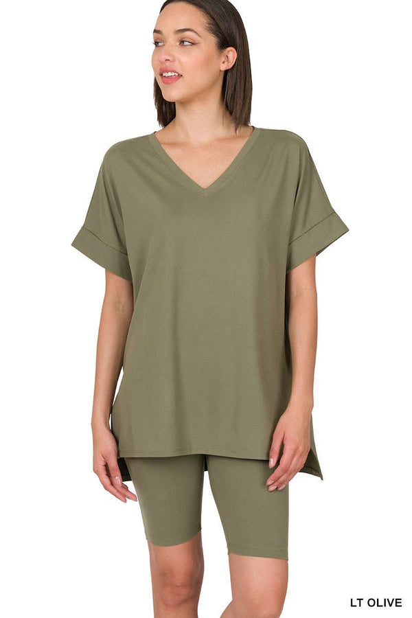 Brushed Dty Microfiber V-neck Top & Biker Shorts