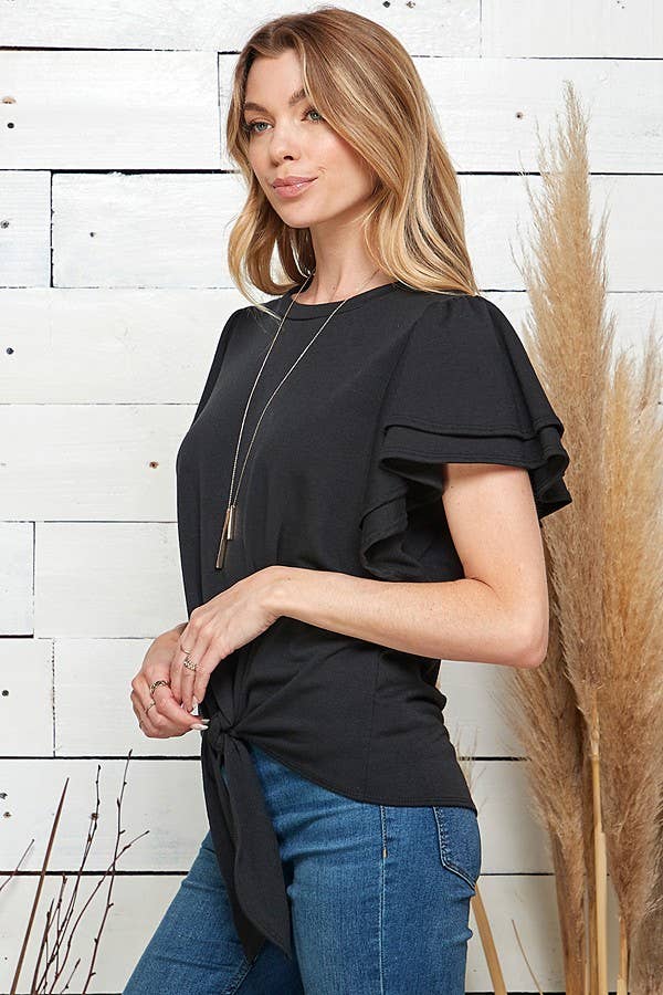 SPT5075. - WOMEN SOLID DOUBLE RUFFLED SLEEVE TOP W FRONT TIE