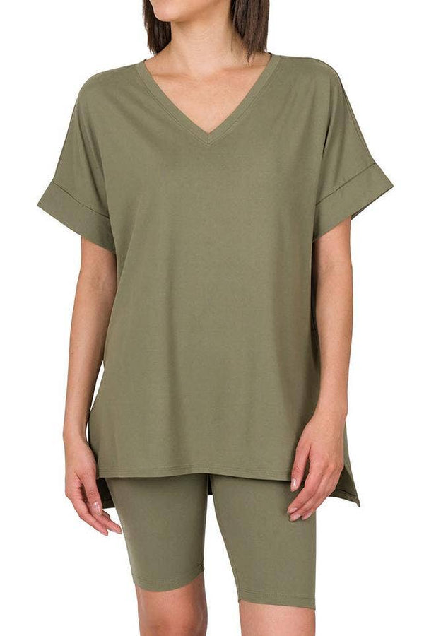 Brushed Dty Microfiber V-neck Top & Biker Shorts