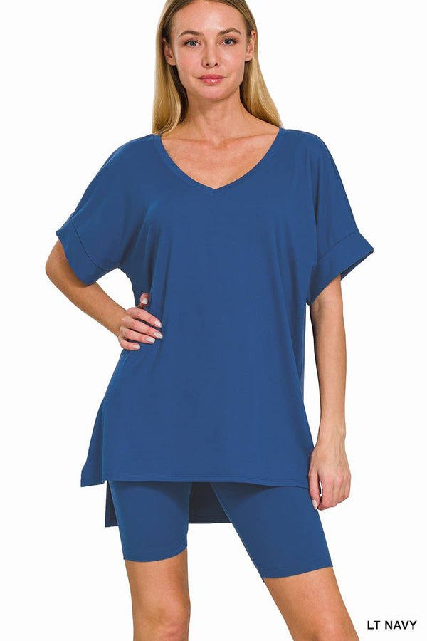 Brushed Dty Microfiber V-neck Top & Biker Shorts