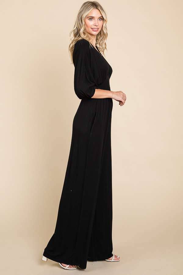 CAR1779Q-Smocking Waist Wide Jumpsuit