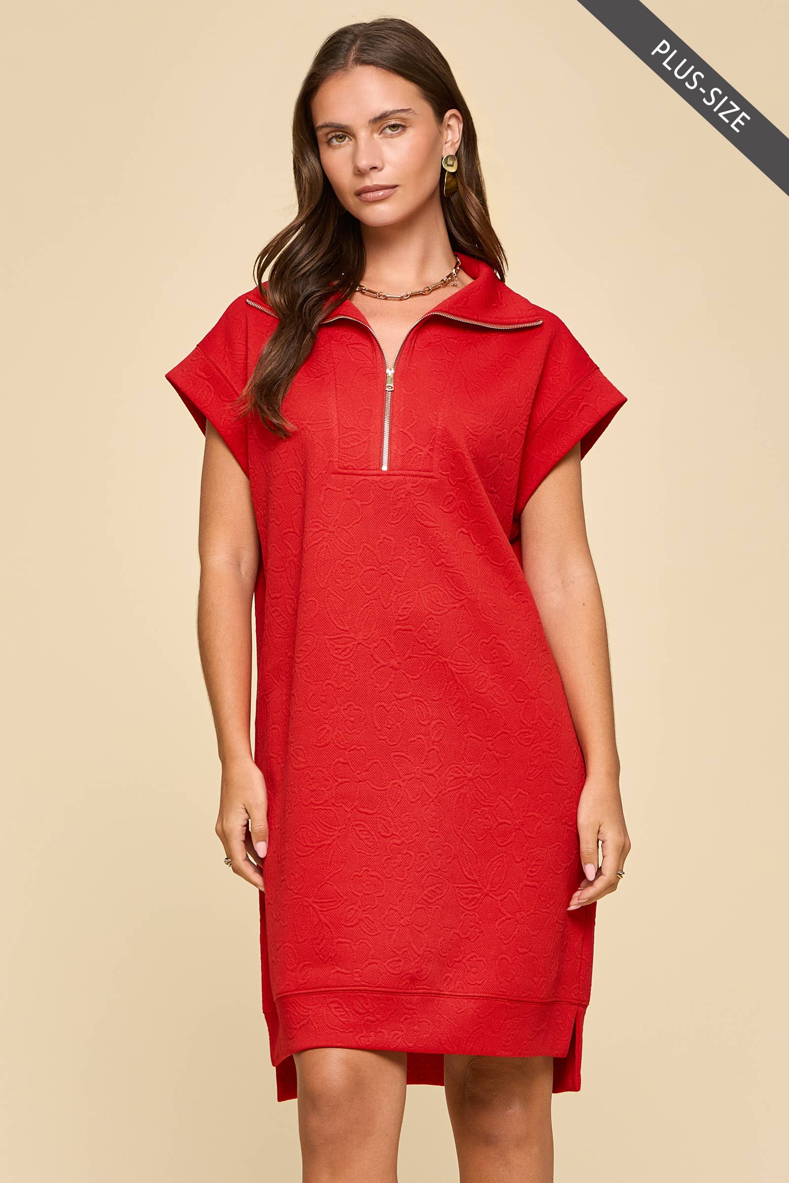 PLUS SIZE Half-Zip Jacquard Dress w/ Pockets