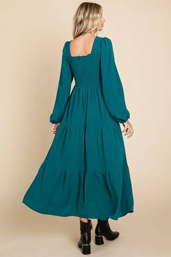 CWD1869L-Square Neck Smock Long Dress: S / MEDIUM ROSE