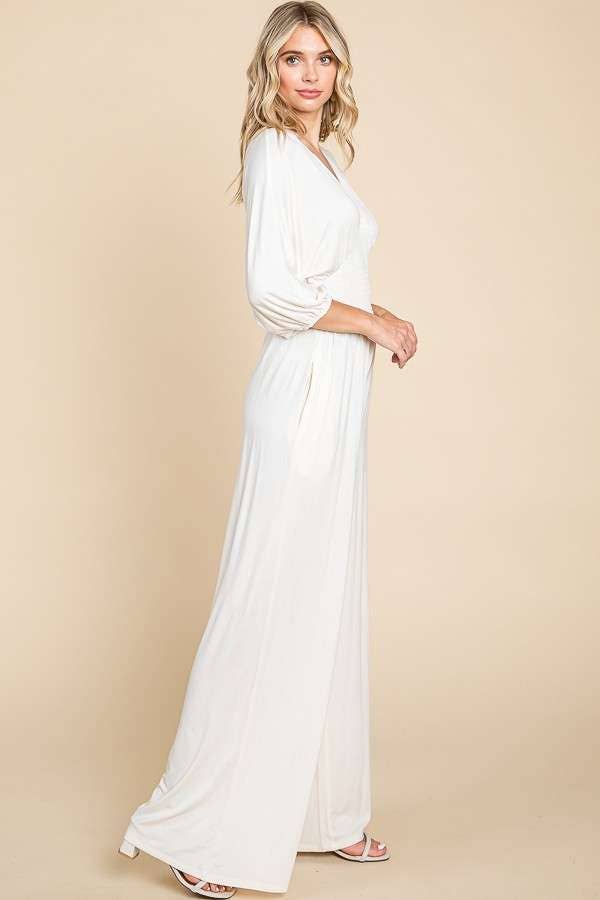CAR1779Q-Smocking Waist Wide Jumpsuit