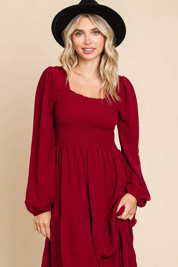 CWD1869L-Square Neck Smock Long Dress: S / MEDIUM ROSE