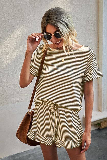 Round Neck Striped Top Short Set