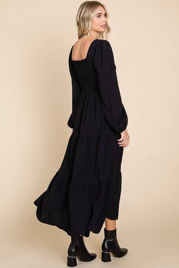 CWD1869L-Square Neck Smock Long Dress: S / MEDIUM ROSE