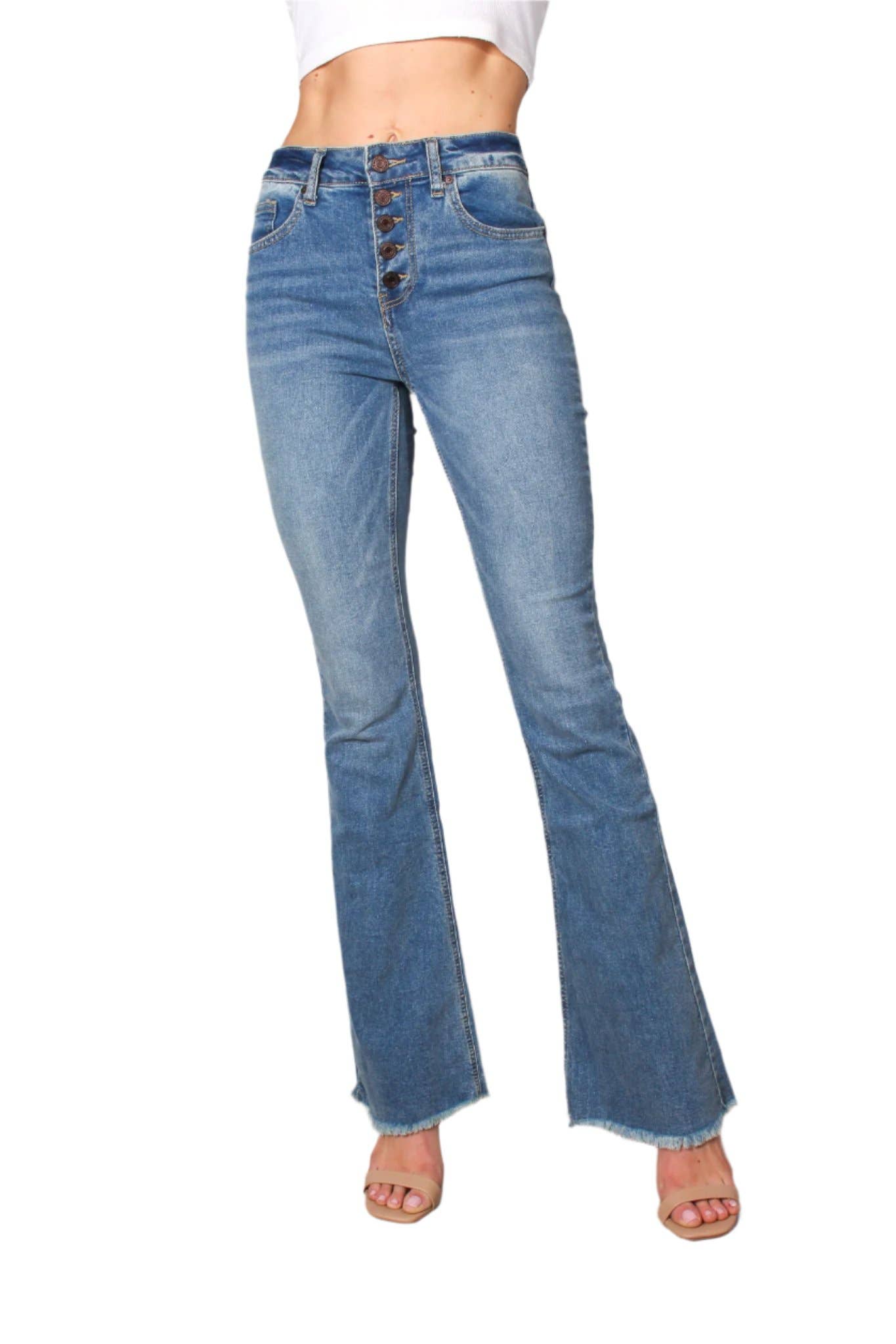 Women's High Waist Five Buttons Raw Hem Flare Jeans