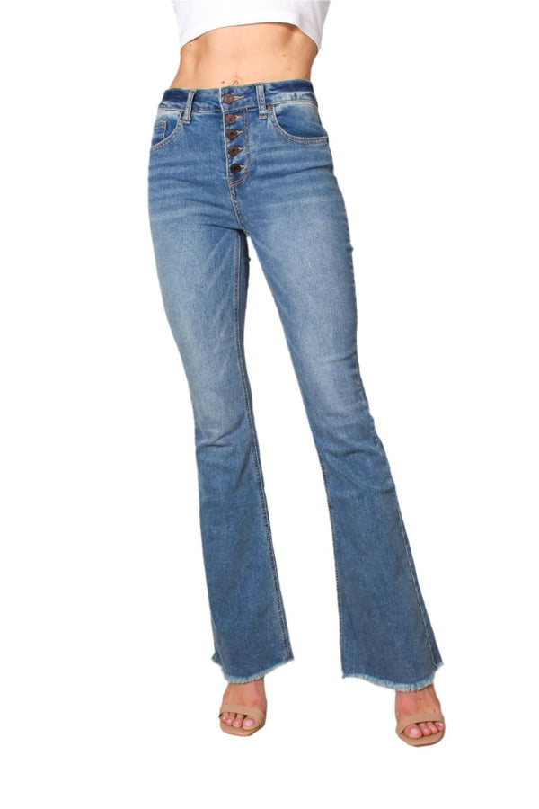 Women's High Waist Five Buttons Raw Hem Flare Jeans