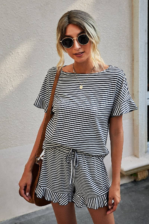 Round Neck Striped Top Short Set
