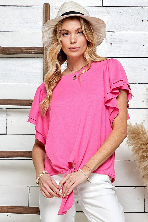 SPT5075. - WOMEN SOLID DOUBLE RUFFLED SLEEVE TOP W FRONT TIE