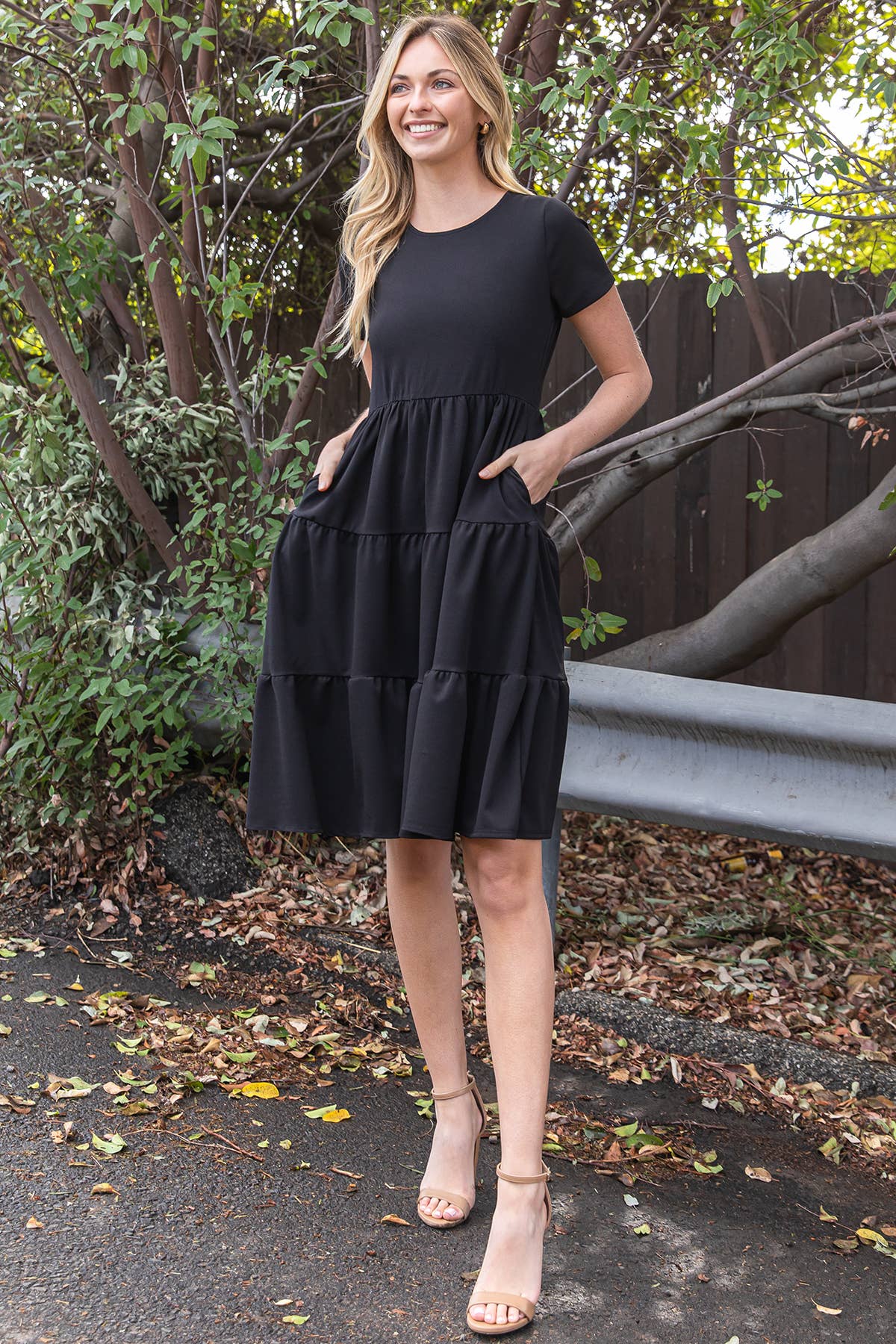 YMD10130V-SHORT SLEEVE SOLID TIERED DRESS