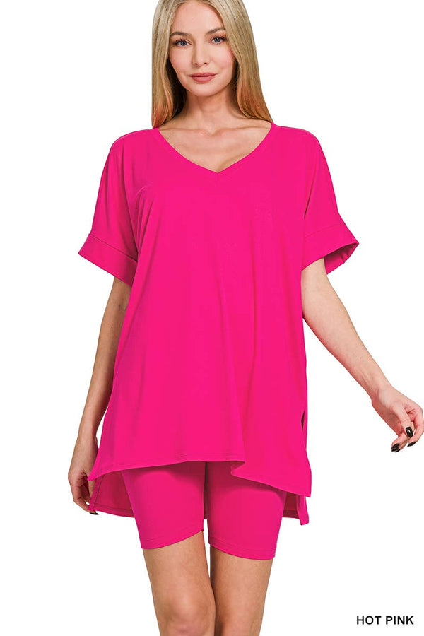 Brushed Dty Microfiber V-neck Top & Biker Shorts