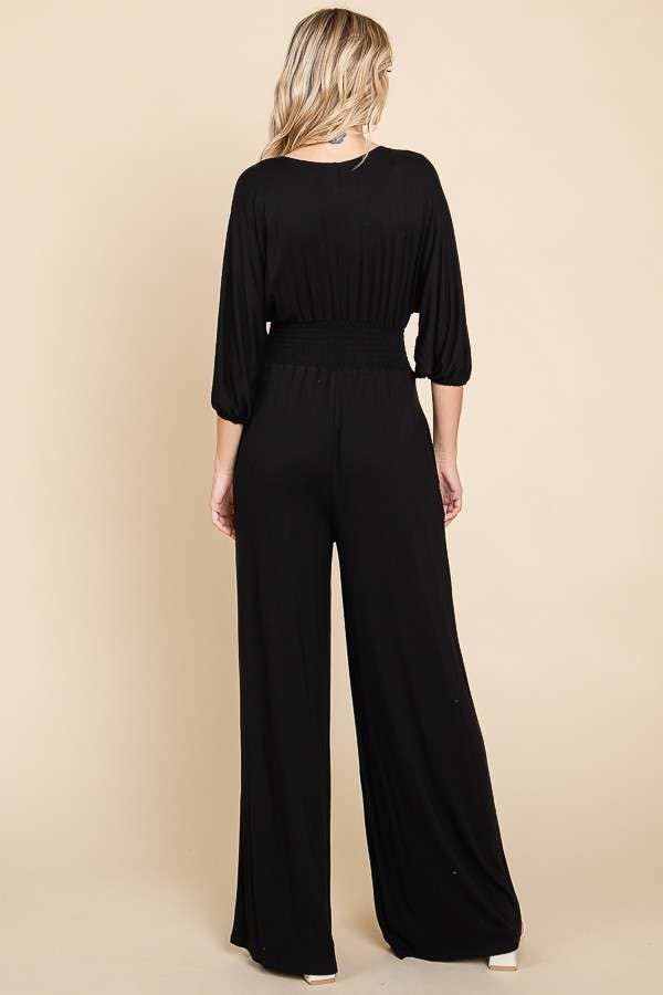 CAR1779Q-Smocking Waist Wide Jumpsuit