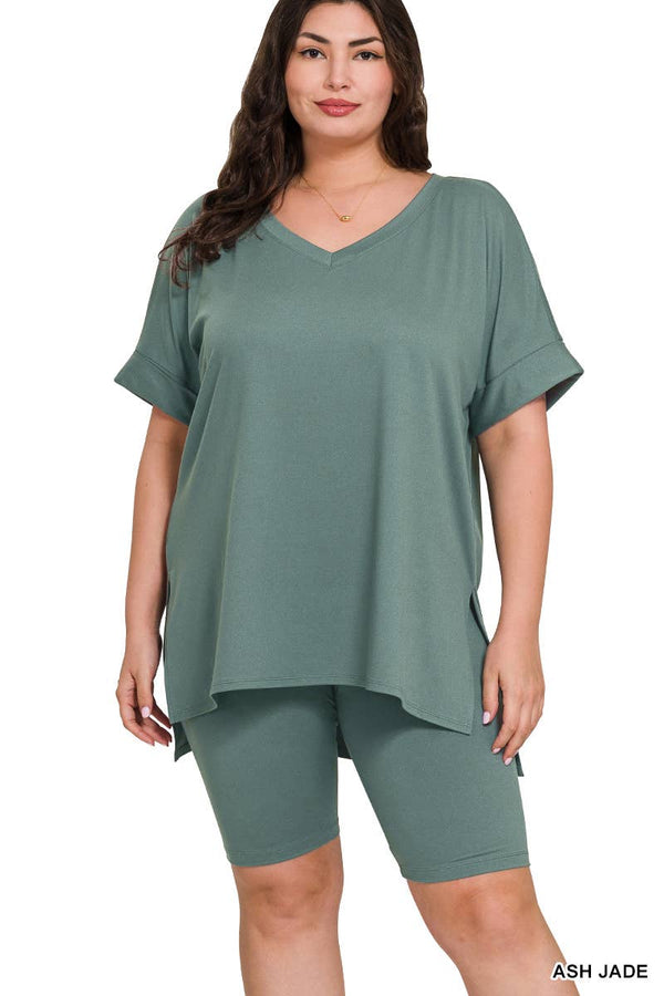 PLUS SIZE V-NCEK HI-LOW HEM TOP & BIKER SHORTS SET