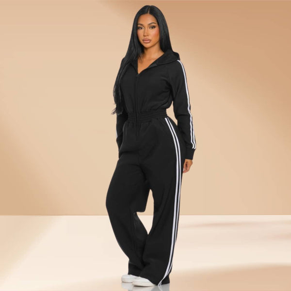 Jumpsuit Hooded Lined Fleece Side Stripes