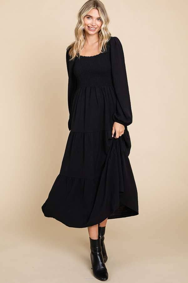 CWD1869L-Square Neck Smock Long Dress: S / MEDIUM ROSE