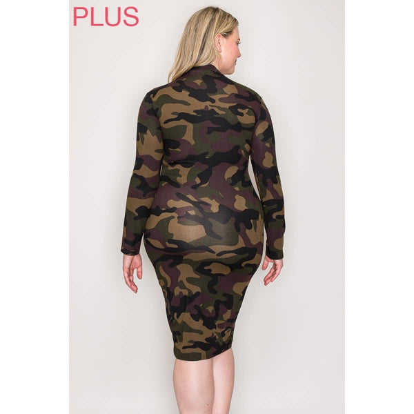 Plus Mock Neck Long Sleeve Printed Midi Dress