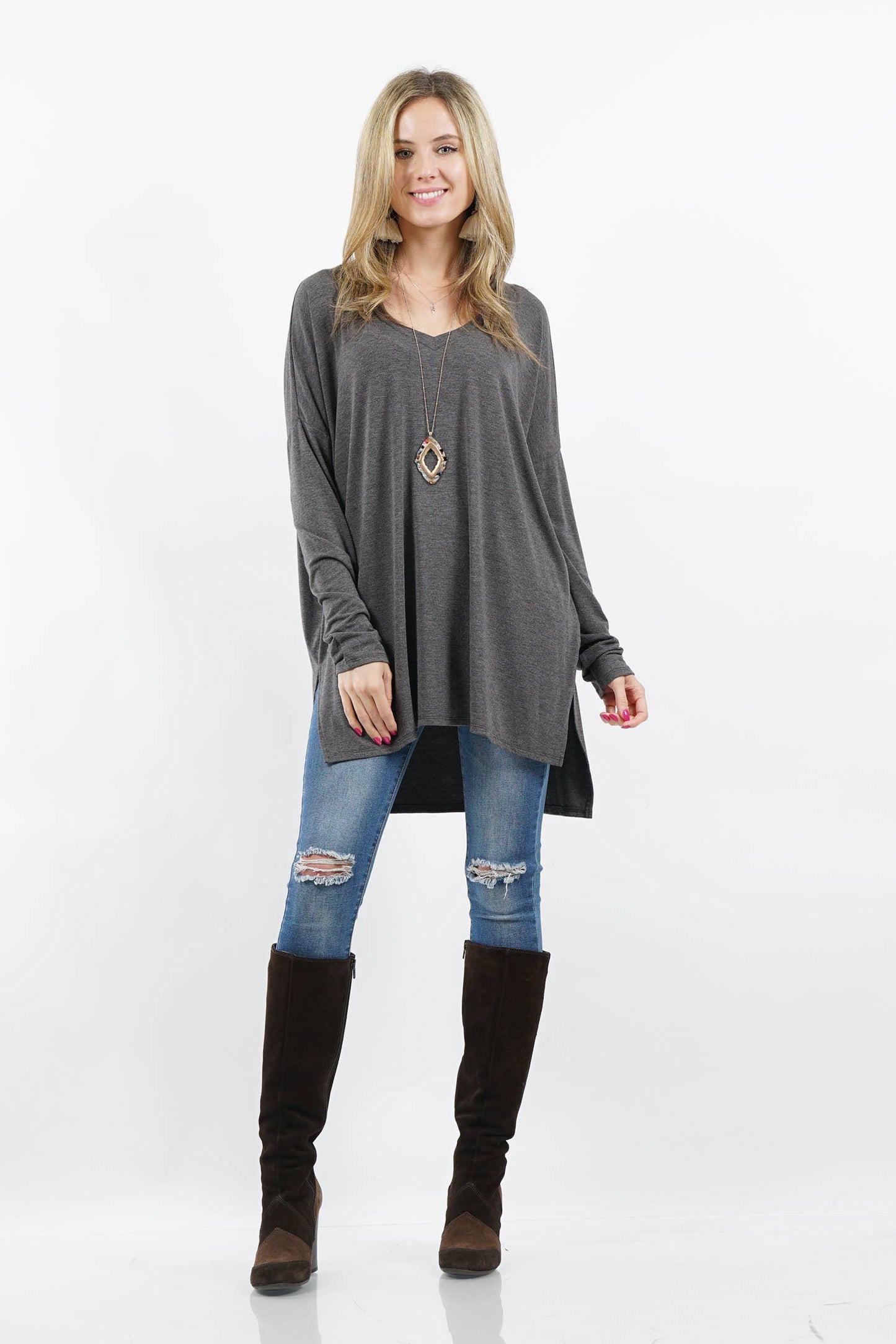 DOLMAN LONG SLEEVE V-NECK SIDE SLIT HI-LOW HEM TOP